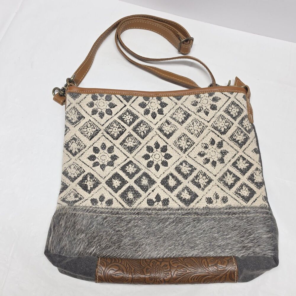 MYRA Bag Tapestry Cotton Calf Hair Tooled Leather Distressed Crossbody Western